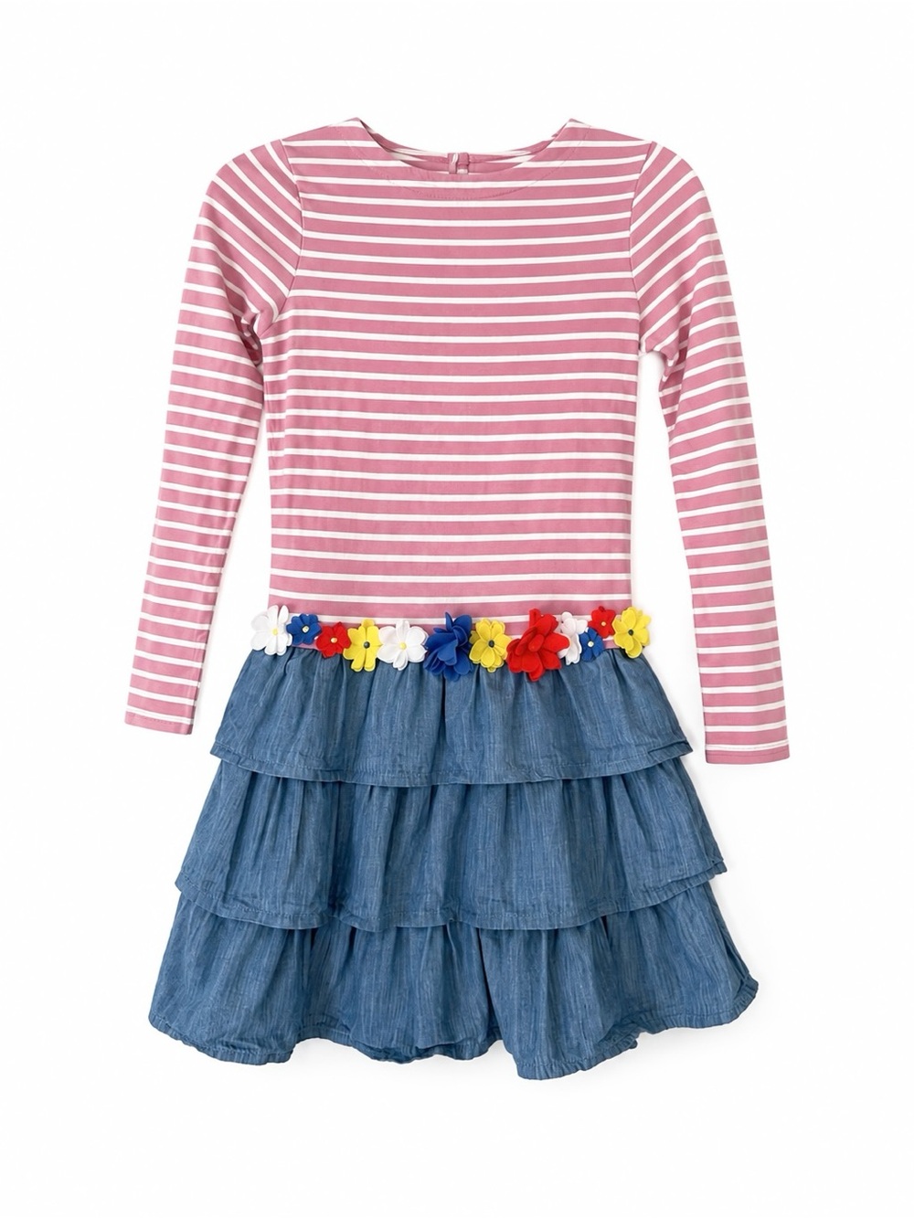 Mini Boden Girls Striped Floral Ruffle Dress Size 11-12Y Pink Blue